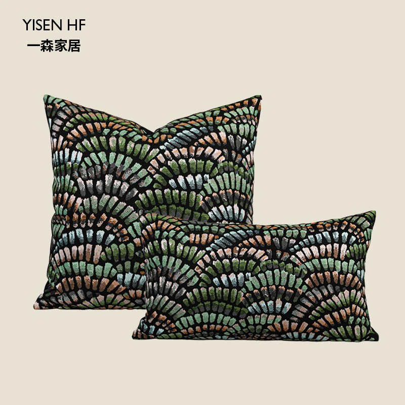 七彩羽毛棉麻质感提花抱枕套法式中古风复古绿色沙发靠枕高级感