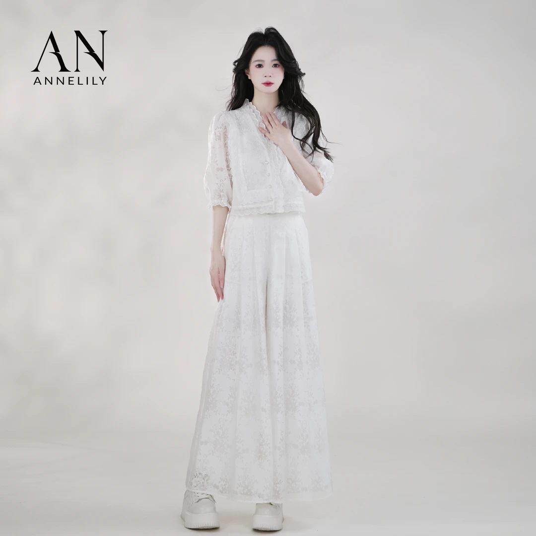 ANNELILY安甜甜【白子烟】新款时尚轻奢百搭气质长裤套装AT2504042