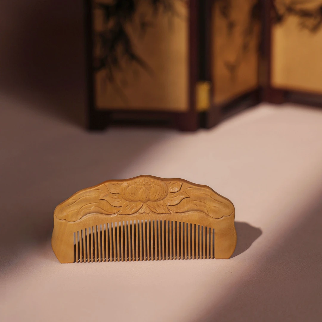 白象荷花莲子小叶黄杨雕刻梳传统手工天然通用工艺木梳黄杨木木梳