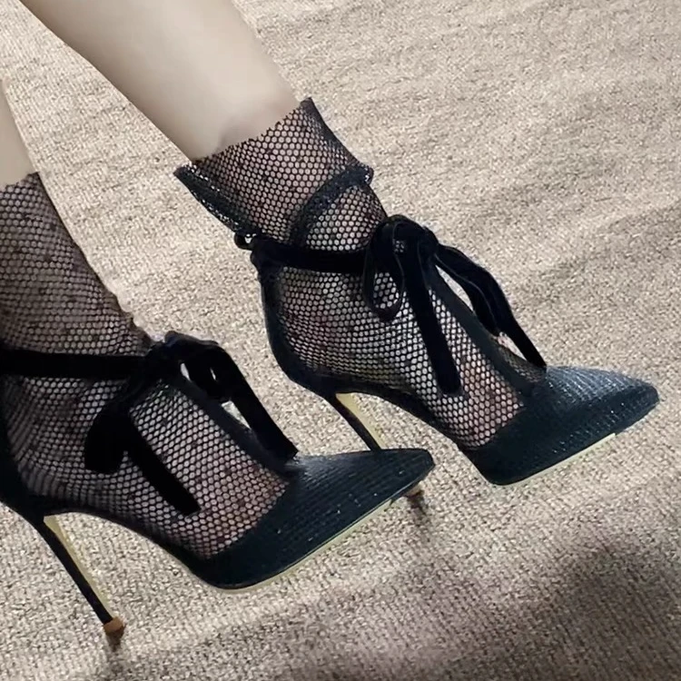 网纱黑色高跟鞋女细跟2025春夏新款性感系带尖头包头凉鞋女款外穿