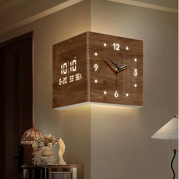 中古风客厅转角时钟万年历新款电子钟双面挂钟网红转角挂钟钟表