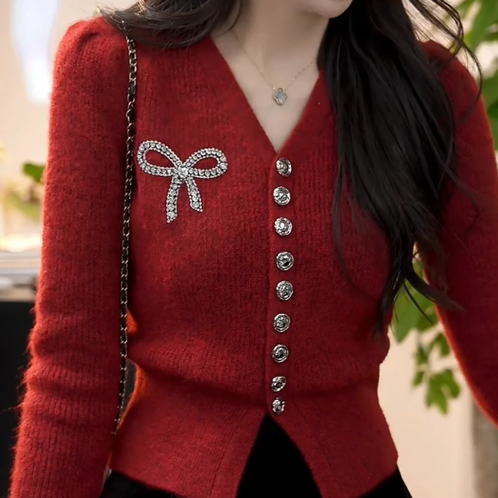 秋冬新款【樱川桃井】小香风气质洋气复古红色蝴蝶结百搭显瘦毛衣