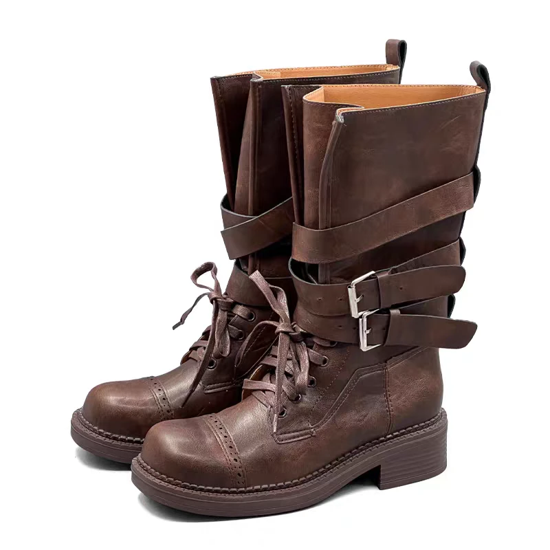 进口胎水牛皮鞋面做旧光泽细腻时髦感中筒靴