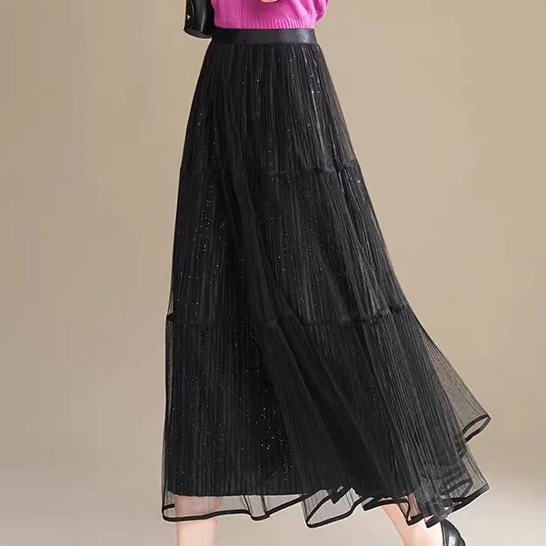 2519款长重工钉钻网纱百褶裙