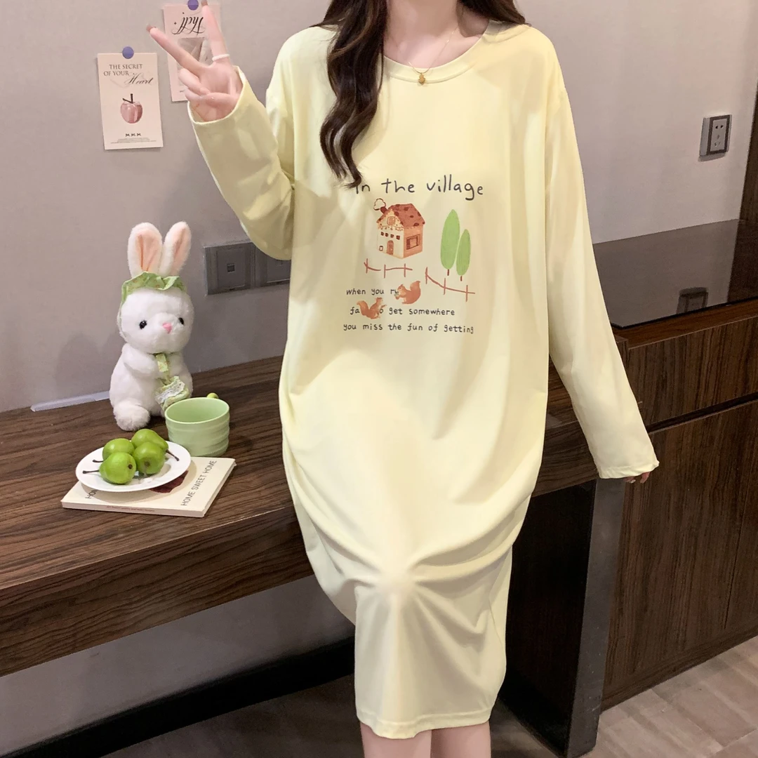 长袖睡衣春秋季休闲圆领宽松大码少女带胸垫可外穿薄款女士家居服