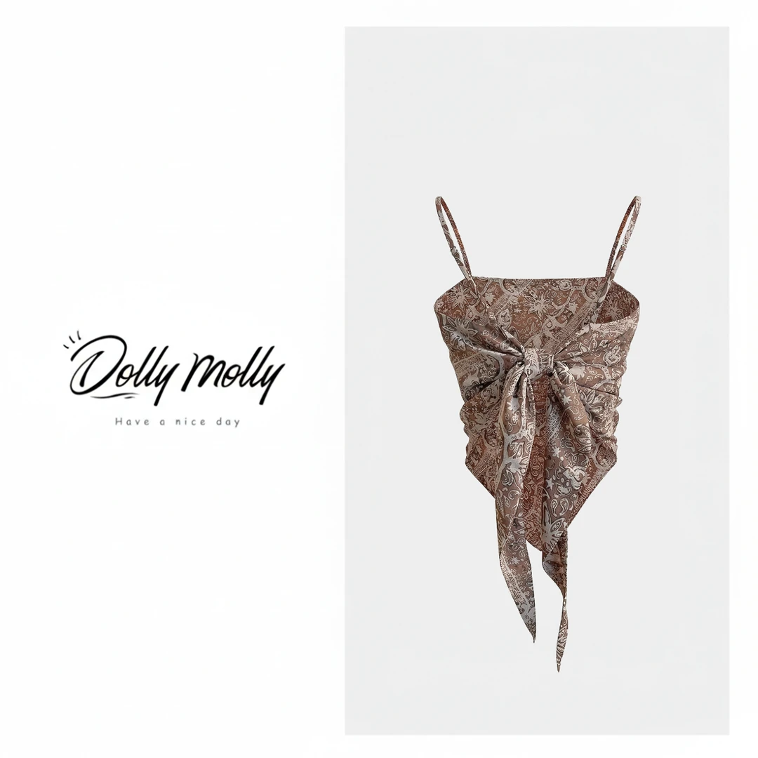 DOLLY&MOLLY慵懒度假波西米亚肚兜吊带背心夏季复古小众印花 349