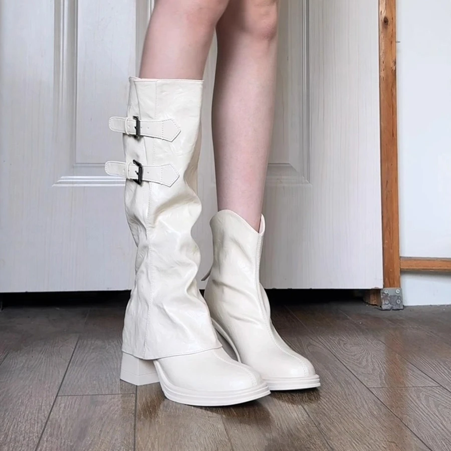 冬日颜值~可拆卸两穿皮带扣长筒靴粗跟不过膝长靴后拉链裤管靴女