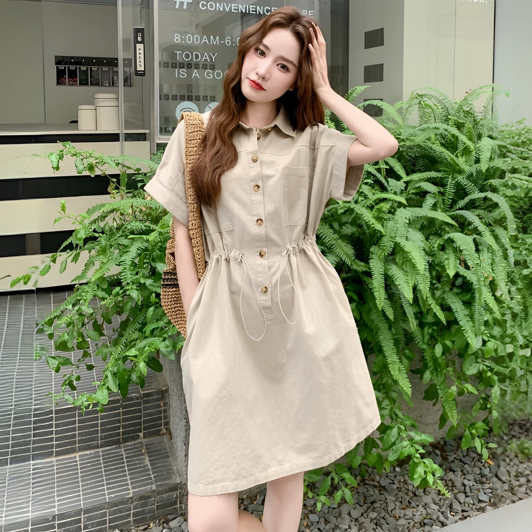 短袖衬衫连衣裙女韩系2025中长款小个子抽绳收腰酷飒风休闲工装裙
