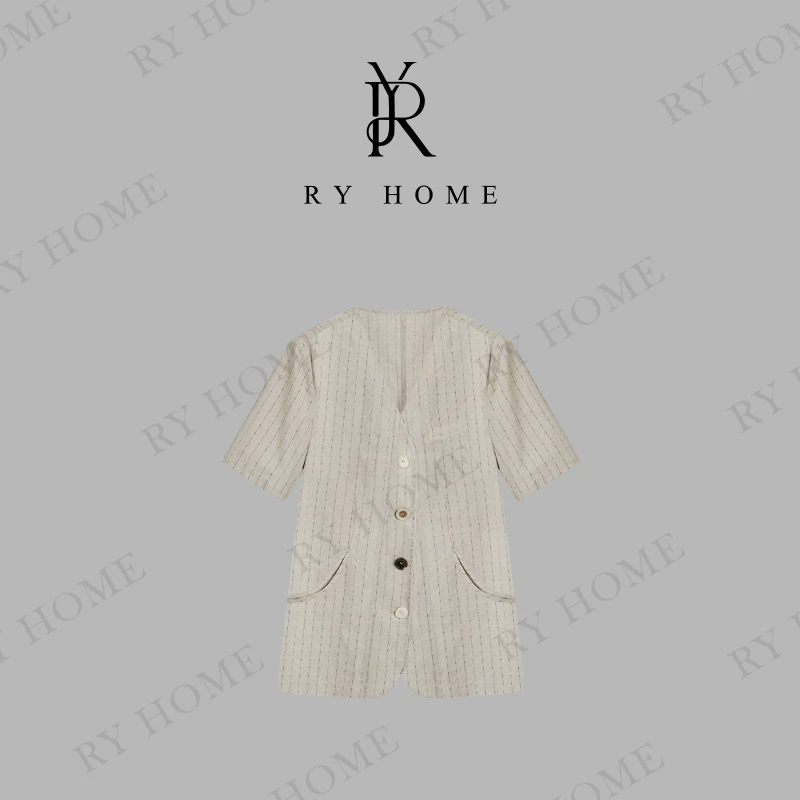 【容雨RYHOME】100%棉＋经典v领条纹短袖西装外套251W2242