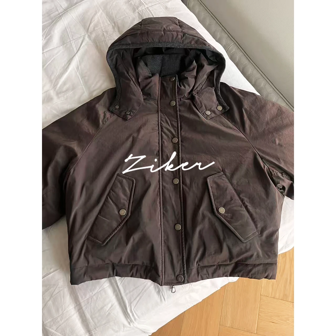 ZIKER｜bc“布朗尼”镶珠拉链短款羽绒服连帽秋冬保暖百搭