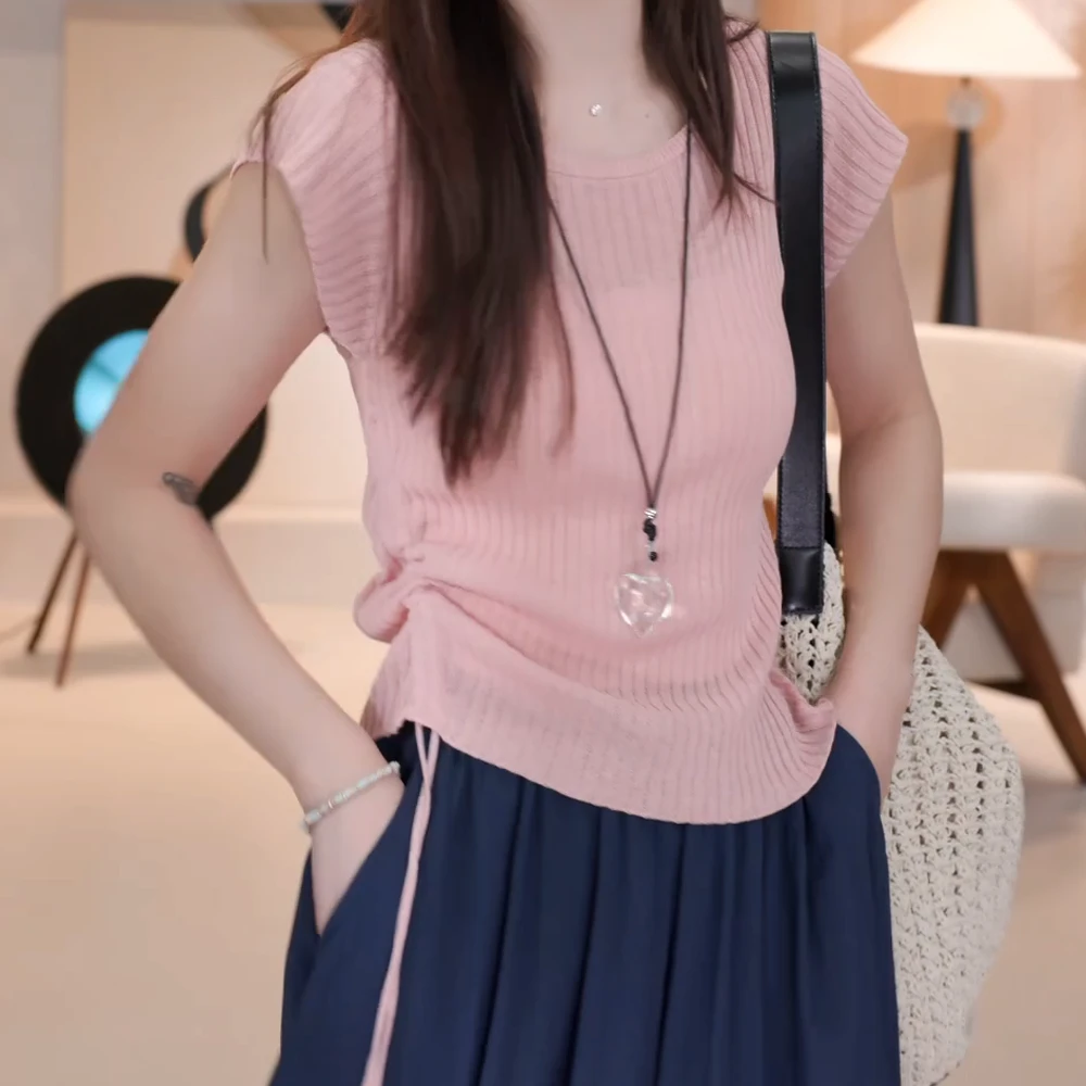 2025夏季新款洋气纯色简约慵懒设计感针织坑条抽褶皱t恤女短袖