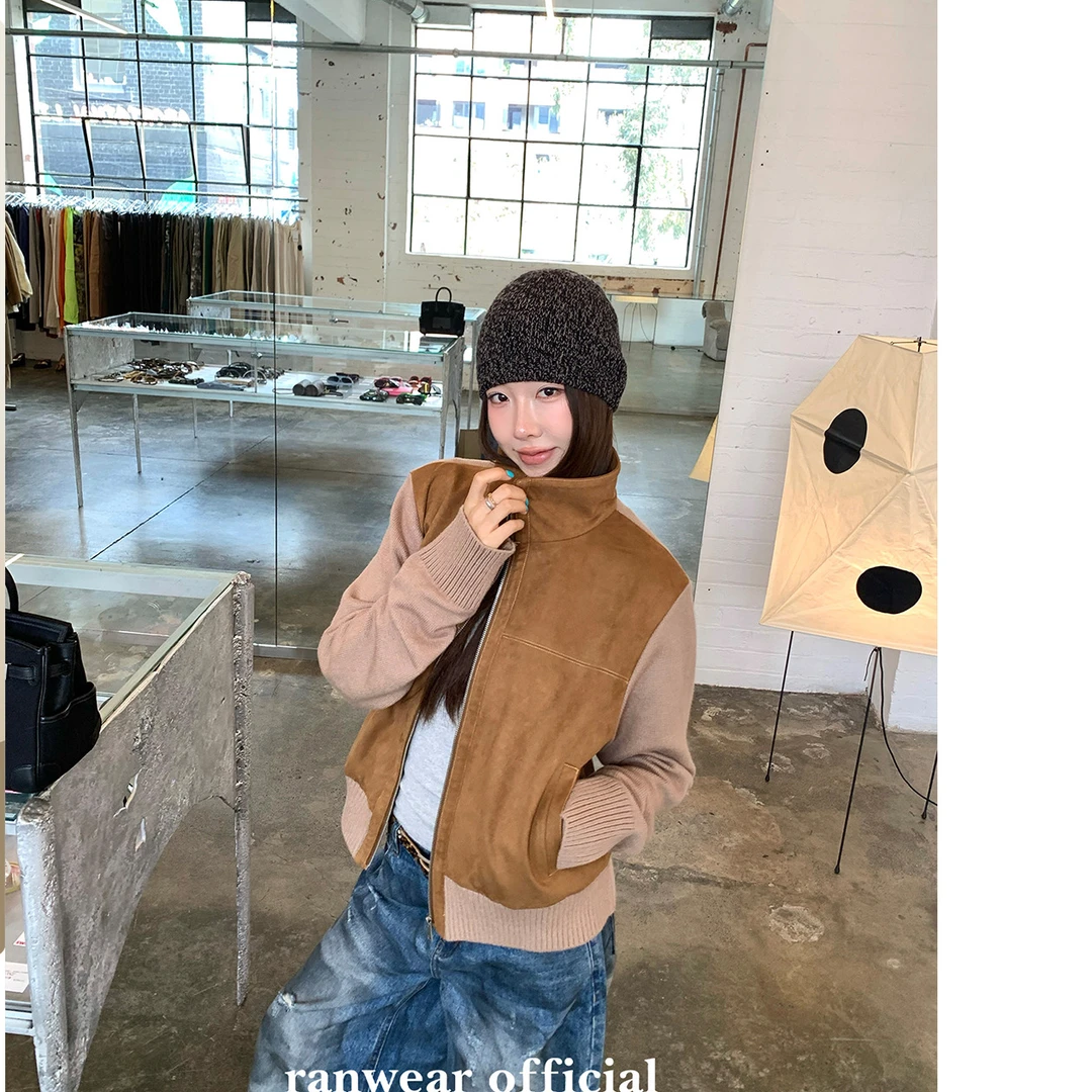 Ranwear 私服定制！獨家美丽 miu秀款拼接针织夹克拉链开衫厚外套