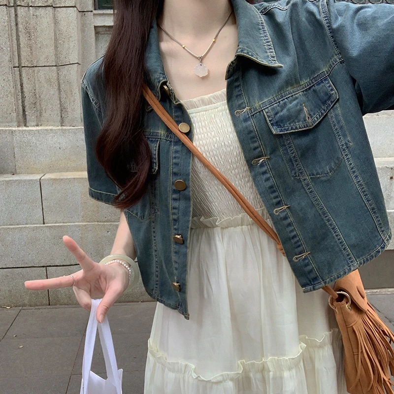 2025春季新款复古百搭polo领牛仔马甲女装短款短袖上衣