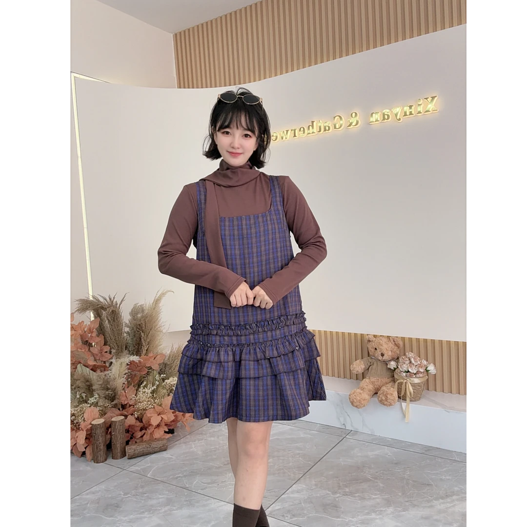 【之霖甄选】学院风灰色胖MM长袖T恤女装秋季格纹吊带连衣裙两件套