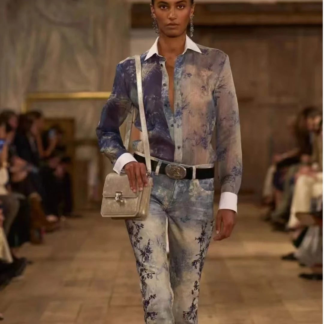 高定欧美风撞色翻领袖口重磅真丝桑蚕丝印花女衬衣