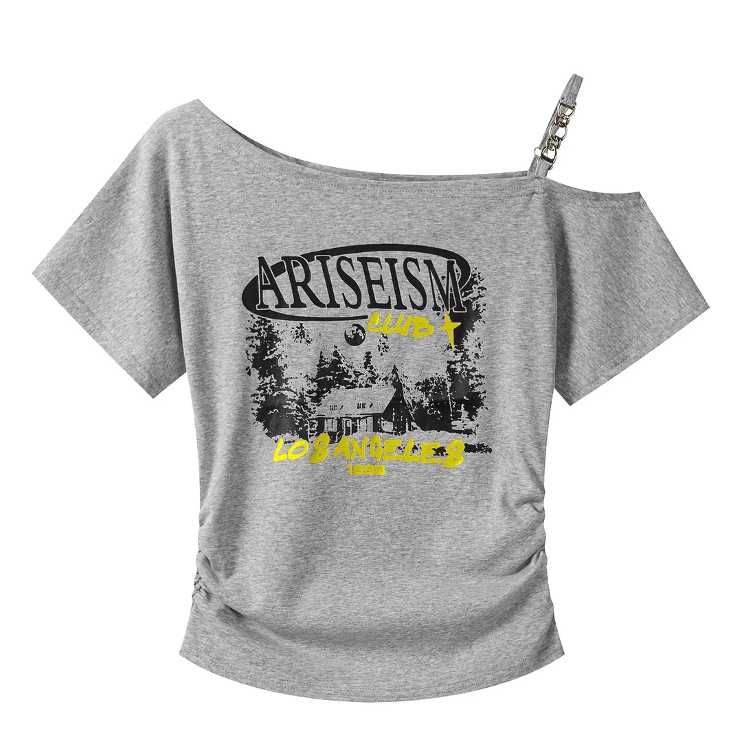 羊城故事-美式印花斜肩短袖t恤女2025新款辣妹修身气质上衣2925