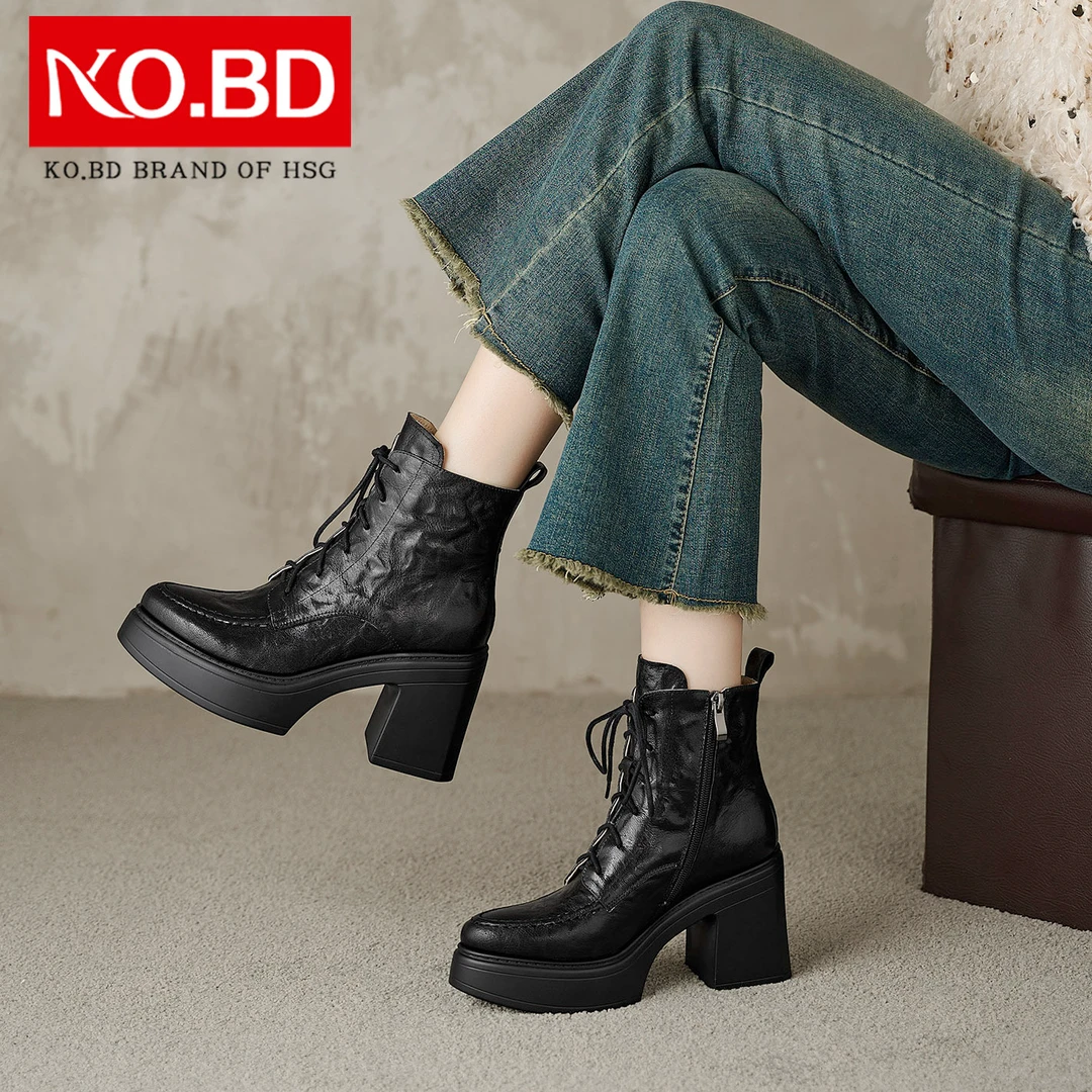 羊皮高跟黑色马丁靴英伦风尖头短靴女春秋单靴粗跟防水台女靴A319