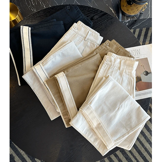 大码蕾丝花边直筒阔腿休闲裤女秋季款梨形身材高腰宽松显瘦九分裤