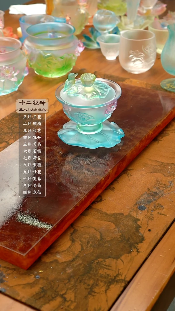 琉璃繁花瑞鸟和荷美美盖碗 蓝色