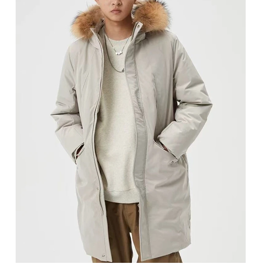 设计款白鸭绒羽绒服男士中长款大毛领休闲户外保暖连帽外套69128