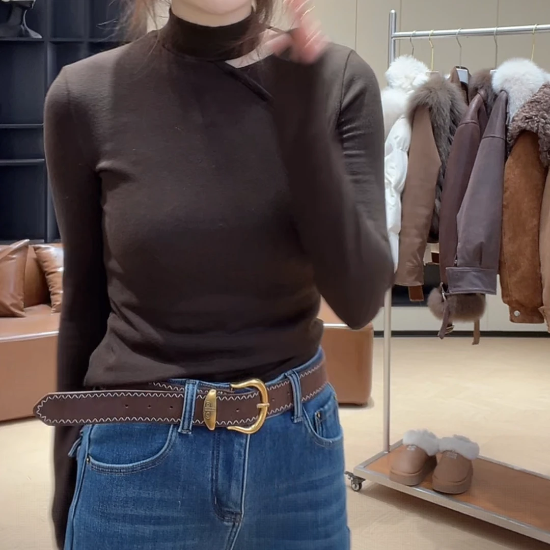 【北极星】磨毛镂空立领显瘦打底长袖T恤冬季新款时尚百搭保暖上衣