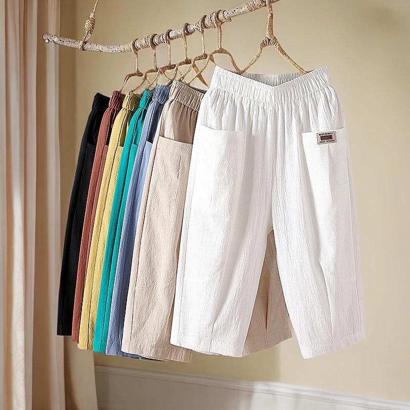 棉麻七分裤女夏季外穿亚麻中老年人大码休闲裤薄款哈伦裤高腰哈伦