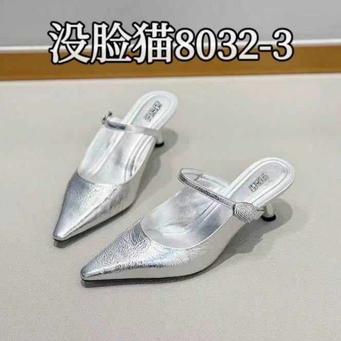 没脸猫2025夏季气质尖头中跟百搭舒适包头拖鞋8032-3