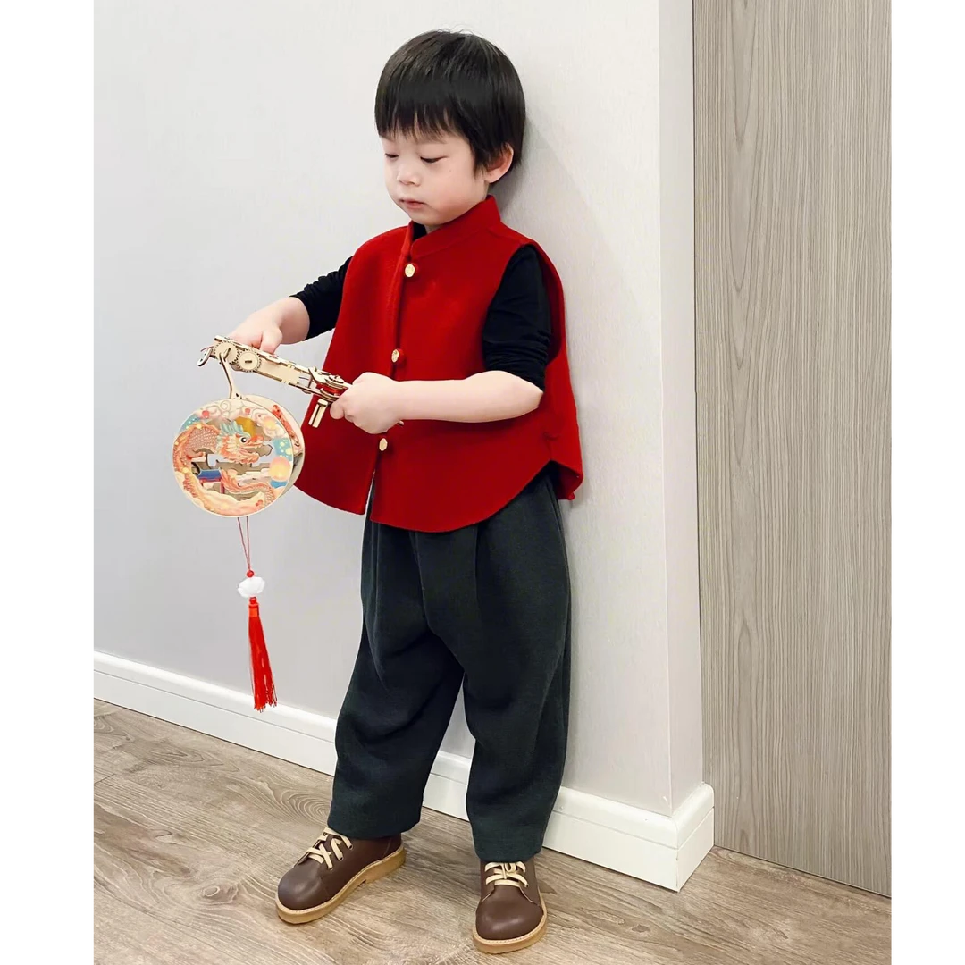 童装男女童新年战袍拜年服春秋款洋气儿童红色毛呢马甲上衣