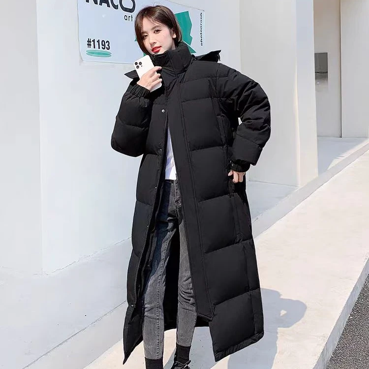中戏羽绒服情侣同款冬季保暖过膝长款连帽羽绒服黑色简约