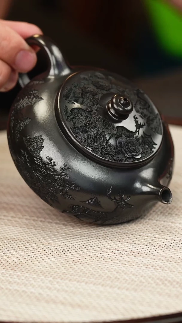 茶壶紫砂高黑泥 寒江 梅花鹿