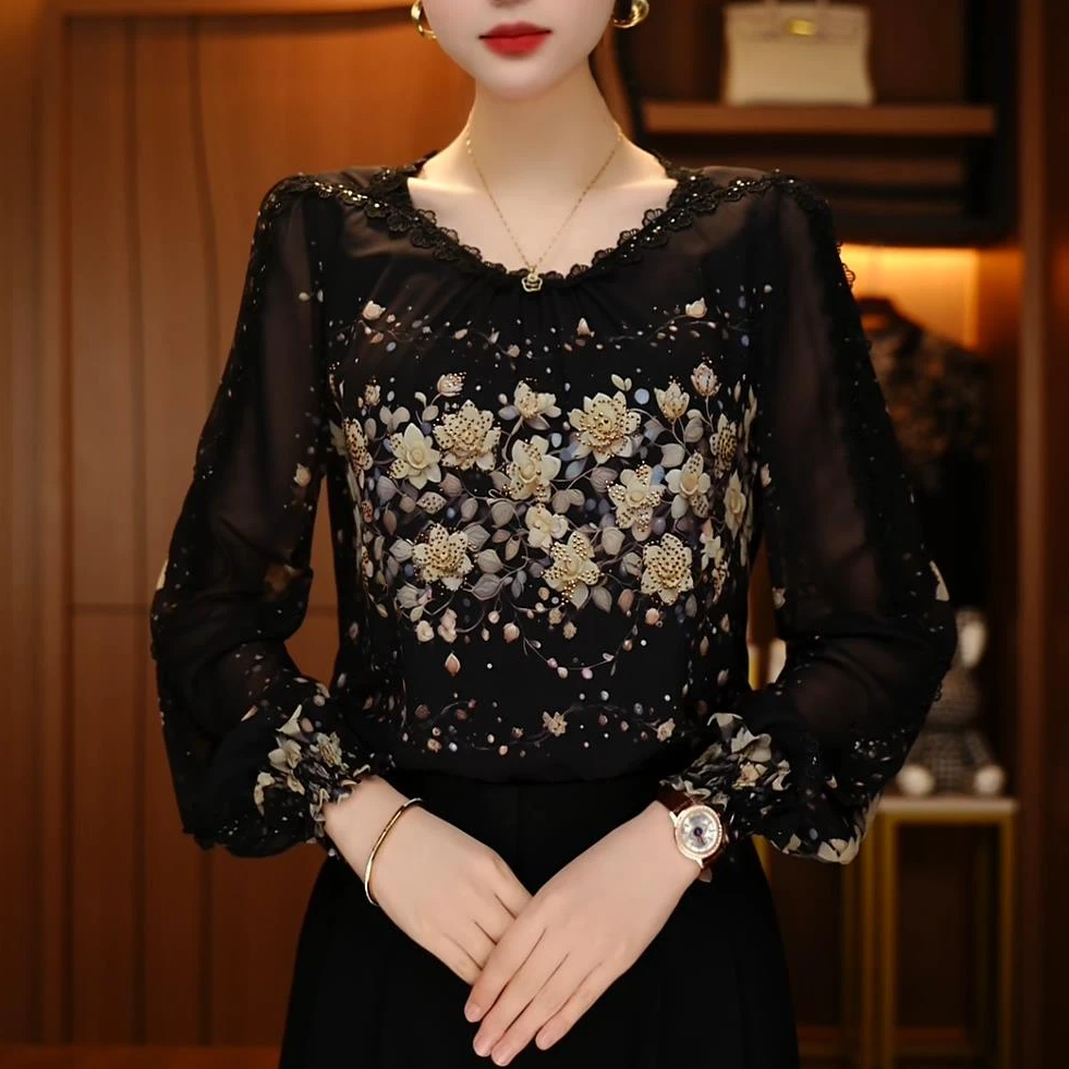 初凰 新款琉璃双皱丝洋气时尚百搭显瘦休闲气质印花女士长袖上衣