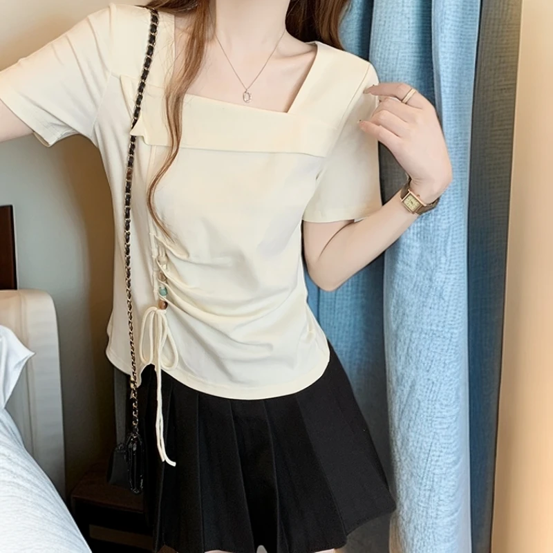 简约百搭方领上衣女2025夏装新款时尚显瘦彩色纽扣设计感短袖T恤
