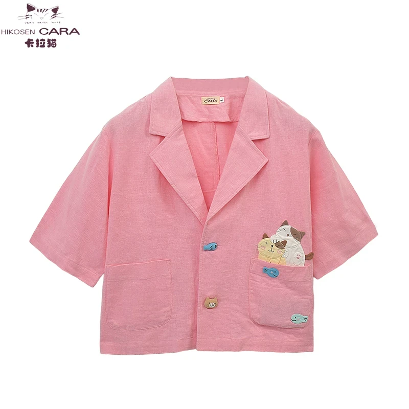 HIKOSEN CARA卡拉猫新品棉麻小西服休闲时尚短款宽松衬衣外套