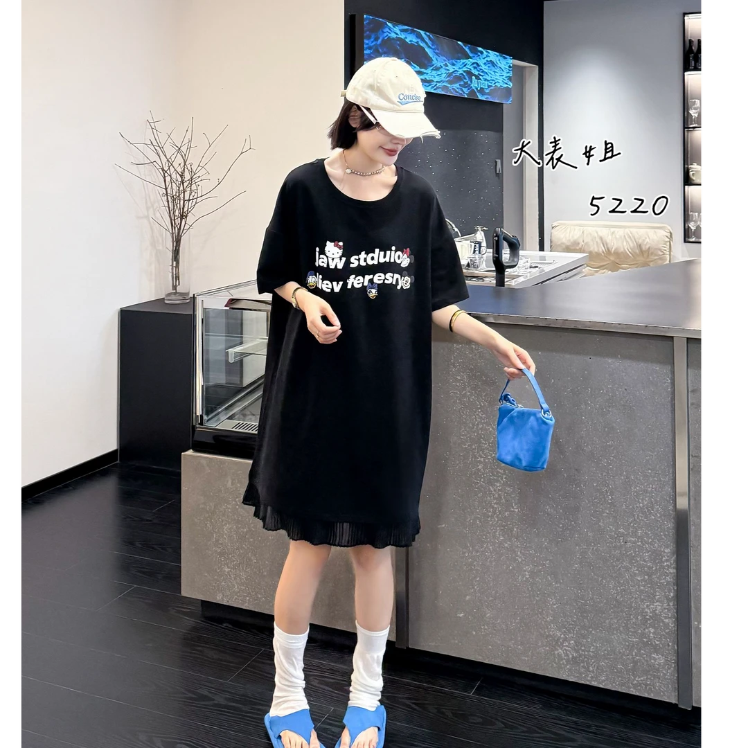 5220加肥加大夏新款韩版米奇字母拼接荷叶边裙摆T恤女宽松上衣