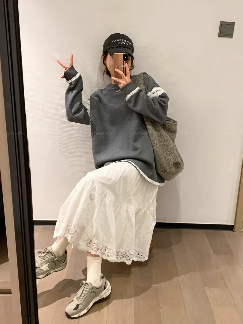 加绒蕾丝拼接加绒加厚中长款卫衣女冬2024新款宽松遮肉圆领上衣