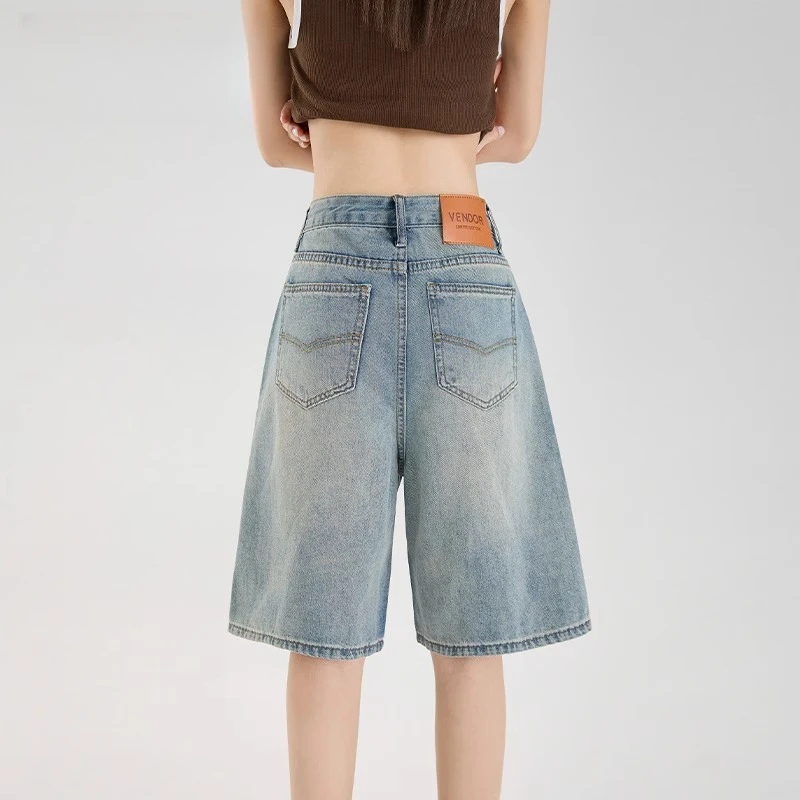 复古阔腿五分牛仔短裤女夏季爆款2025新款高腰宽松小个子直筒中裤