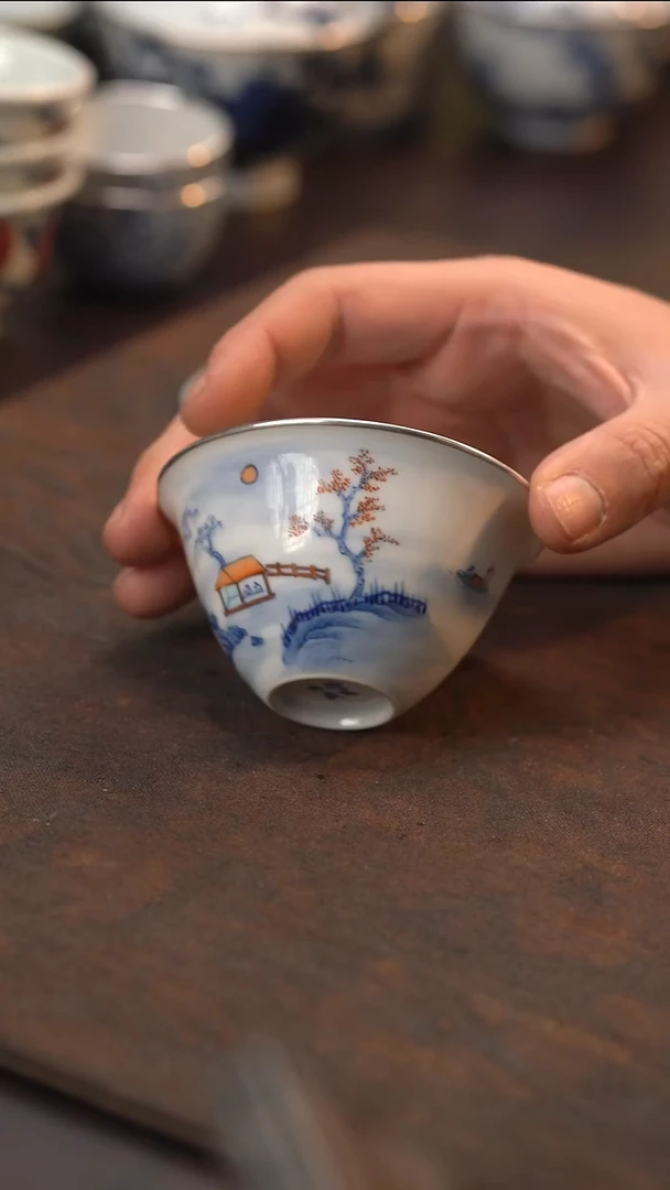 手绘斗彩山水盖碗三包银口