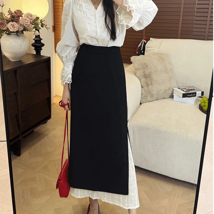 2025新款大码胖mm黑色高腰蕾丝拼接半身裙女显瘦宽松中长开衩裙子