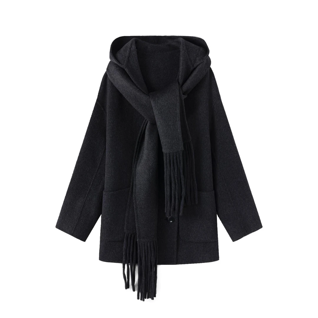 未制MAYBEURPD「冬日暖炉」流苏双排扣连帽 两件套羊毛外套 WZ-8876