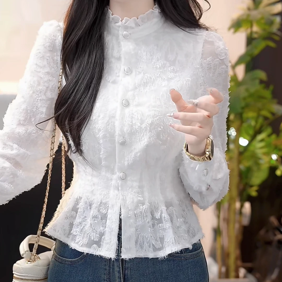 设计感法式立领蕾丝衬衫上衣女2025春季新款气质洋气时尚白色衬衣