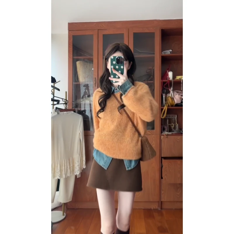 MARIE.COCO韩系温柔风针织毛衣内搭牛仔开衫复古半身裙秋冬女套装