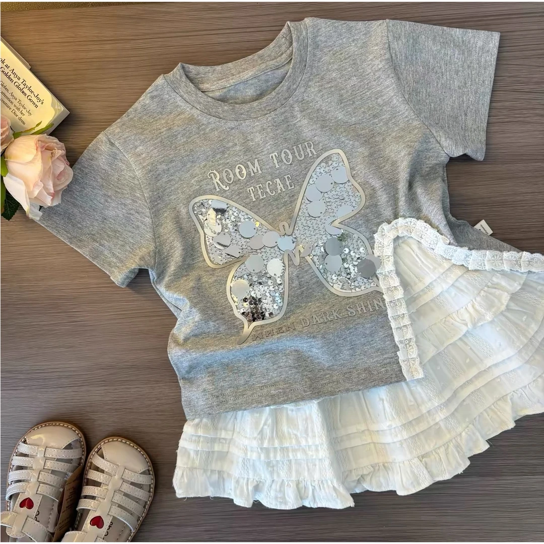 女童夏季套装2025新款洋气亮片短袖时尚半身裙女宝宝两件