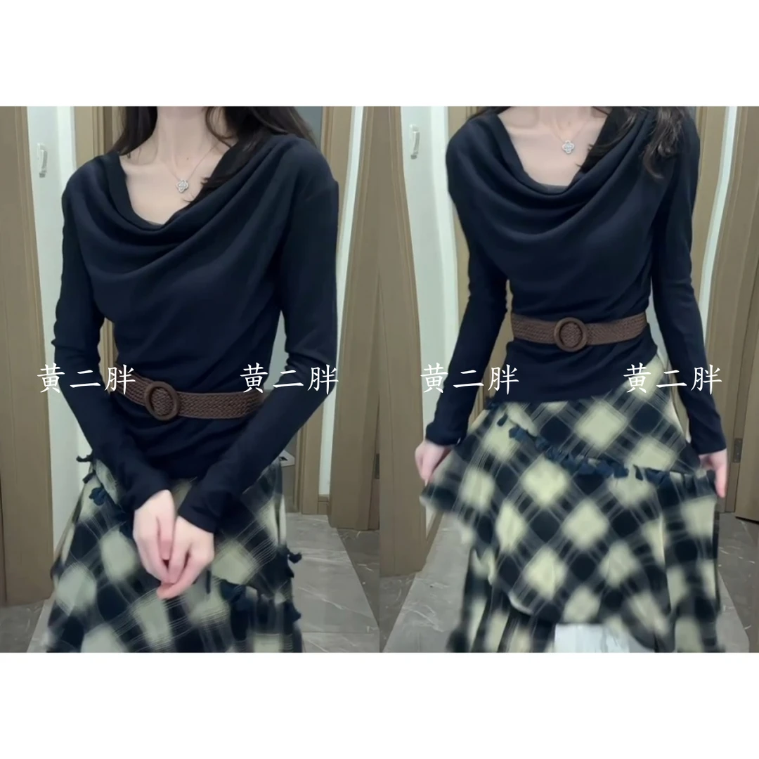韩系荡领收腰长袖T恤上衣两件套女秋季新款不规则格子半身裙吊带