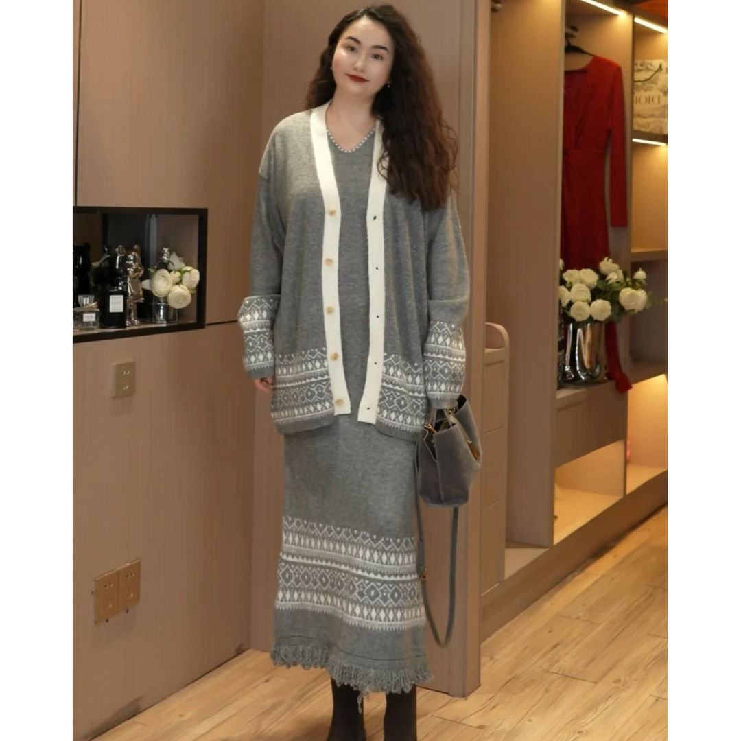 （清货）2025秋冬民族风复古费尔岛针织开衫+针织背心连衣裙两件套