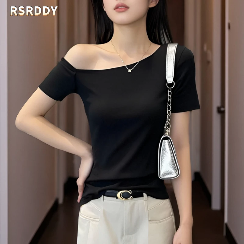RSRDDY时尚短袖T恤方领正肩t恤短款气质露肩半袖修身显瘦上衣女