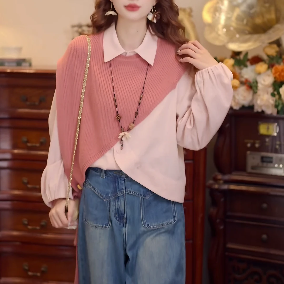 【林间落雪】2025秋季新款港风复古披肩长袖百搭宽松衬衣LK2506096