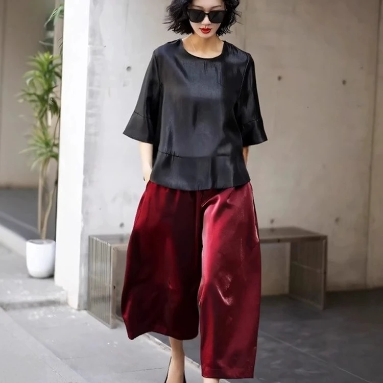 高端轻奢复古大码冰丝裙摆短款上衣宽松阔腿裤优雅气质两件套装女