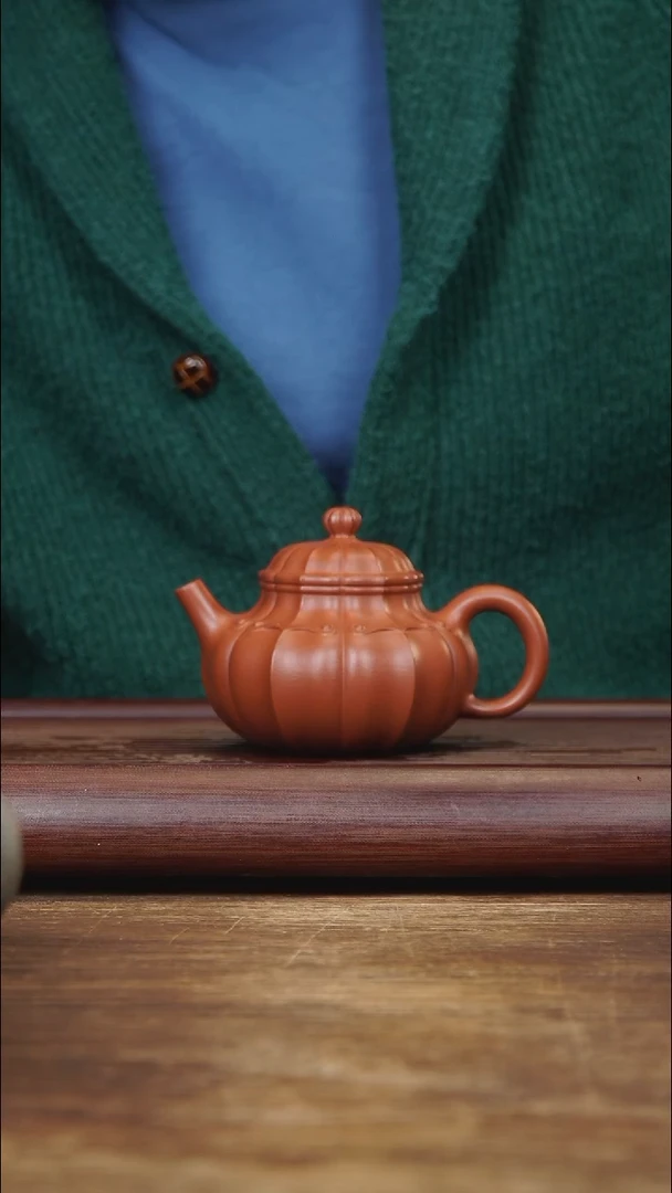 茶壶紫砂200ml 筋纹如意容天 朱泥