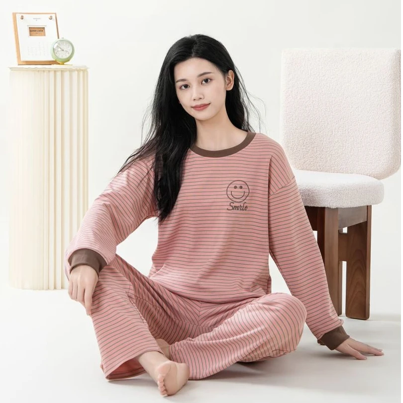 女士纯棉带胸垫粉咖色条纹圆领套头长袖长裤家居服睡衣女套装休闲