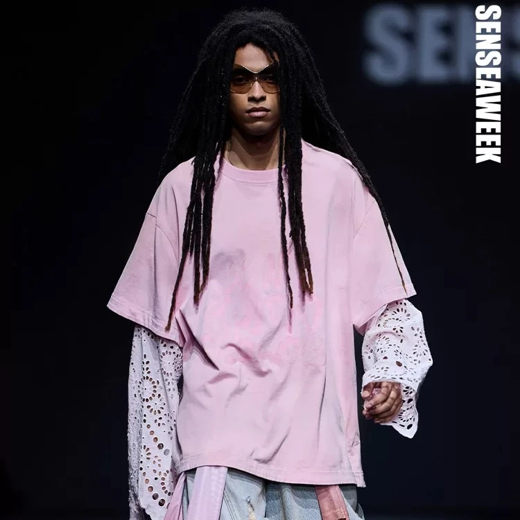 SENSEAWEEK【王一博同款】正品授权春夏刺绣花边拼接喷染印花T恤